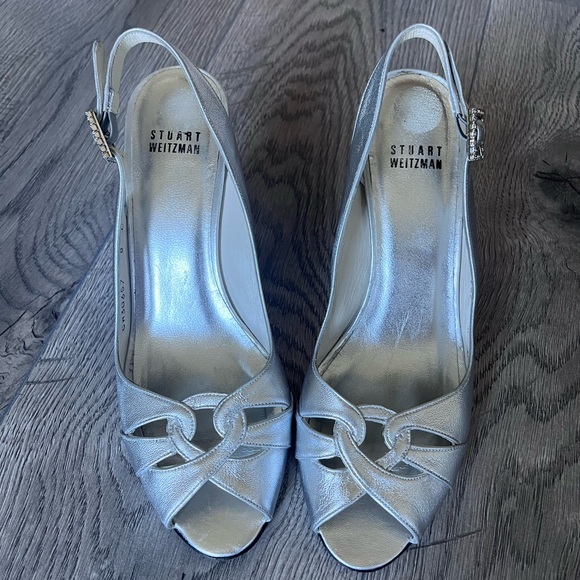 Stuart Weitzman Metallic Silver open toe Heels - Picture 3 of 6